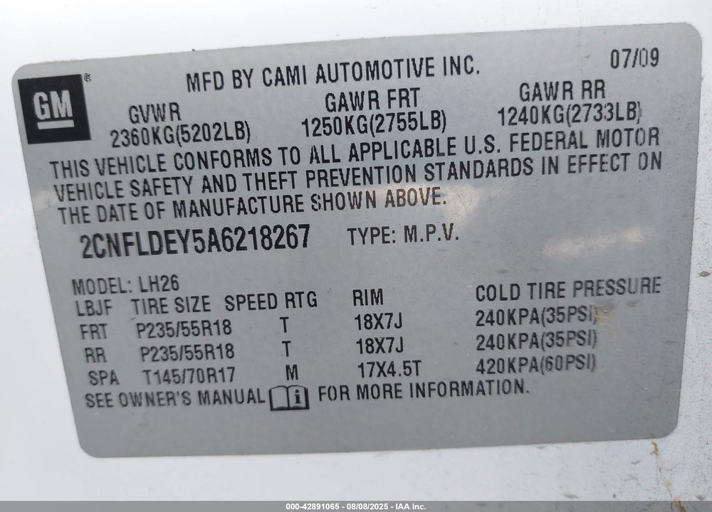 2010 CHEVROLET EQUINOX VIN: 2CNFLDEY5A6218267