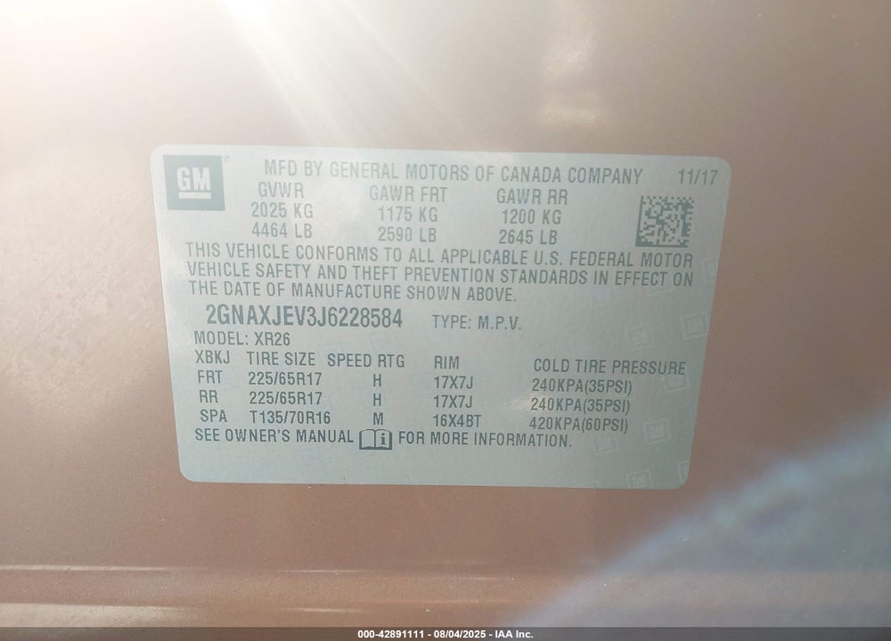 2018 CHEVROLET EQUINOX VIN: 2GNAXJEV3J6228584