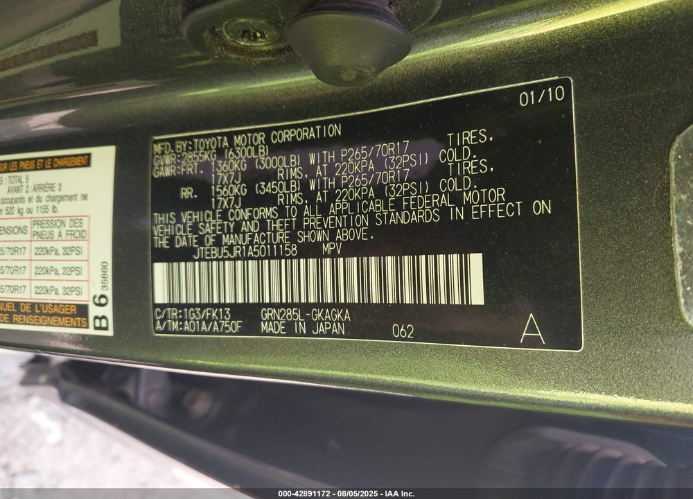 2010 TOYOTA 4RUNNER VIN: JTEBU5JR1A5011158