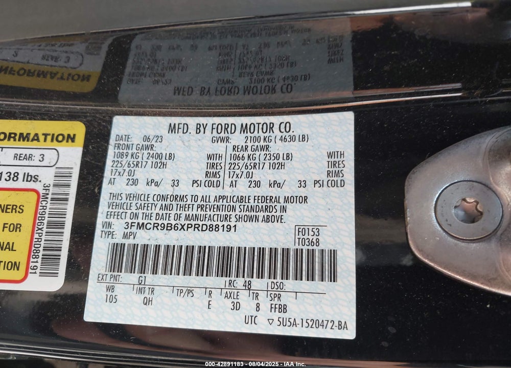 2023 FORD BRONCO SPORT VIN: 3FMCR9B6XPRD88191