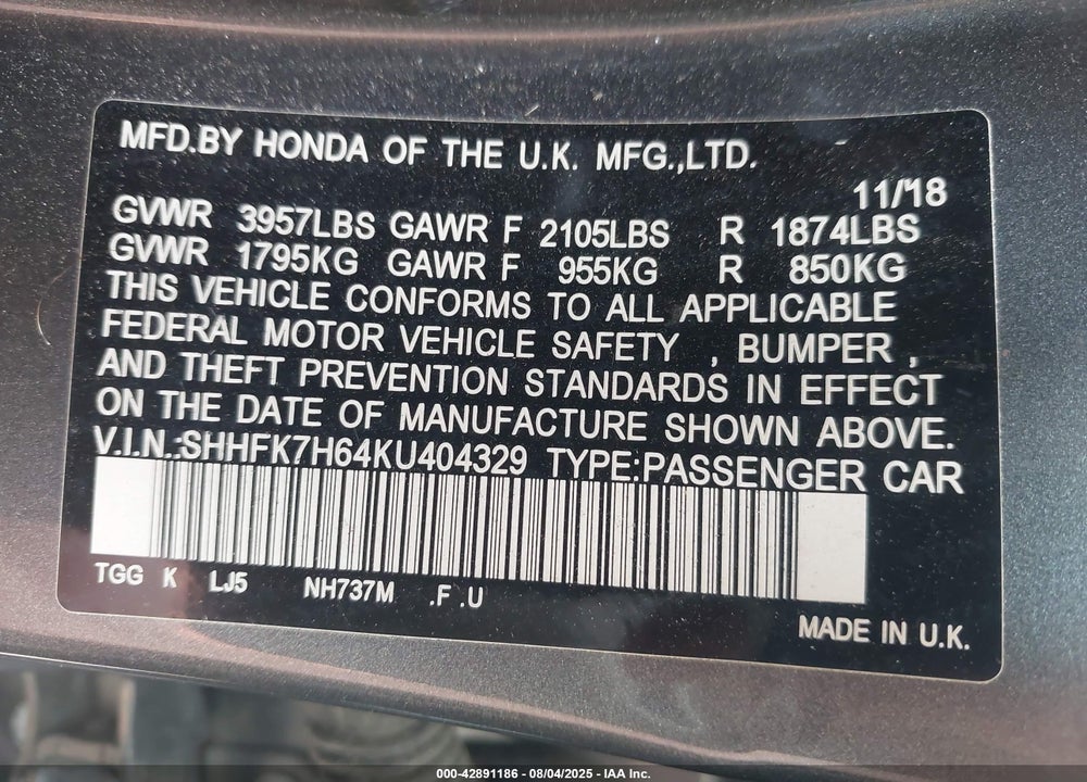 2019 HONDA CIVIC VIN: SHHFK7H64KU404329