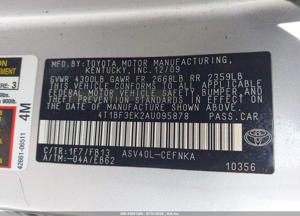 2010 TOYOTA CAMRY VIN: 4T1BF3EK2AU095878