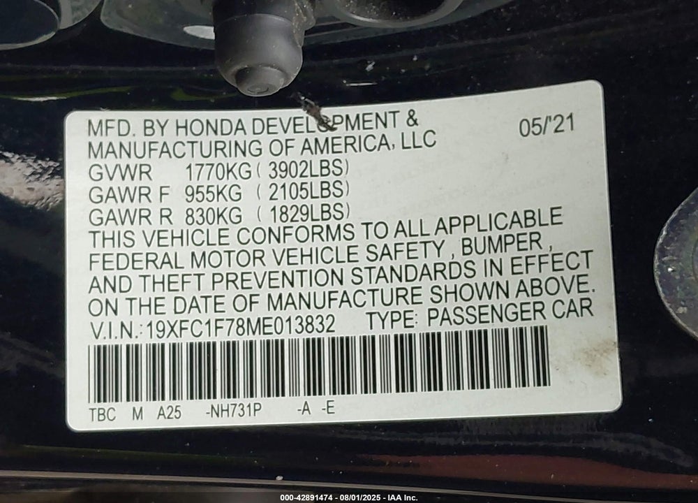 2021 HONDA CIVIC VIN: 19XFC1F78ME013832
