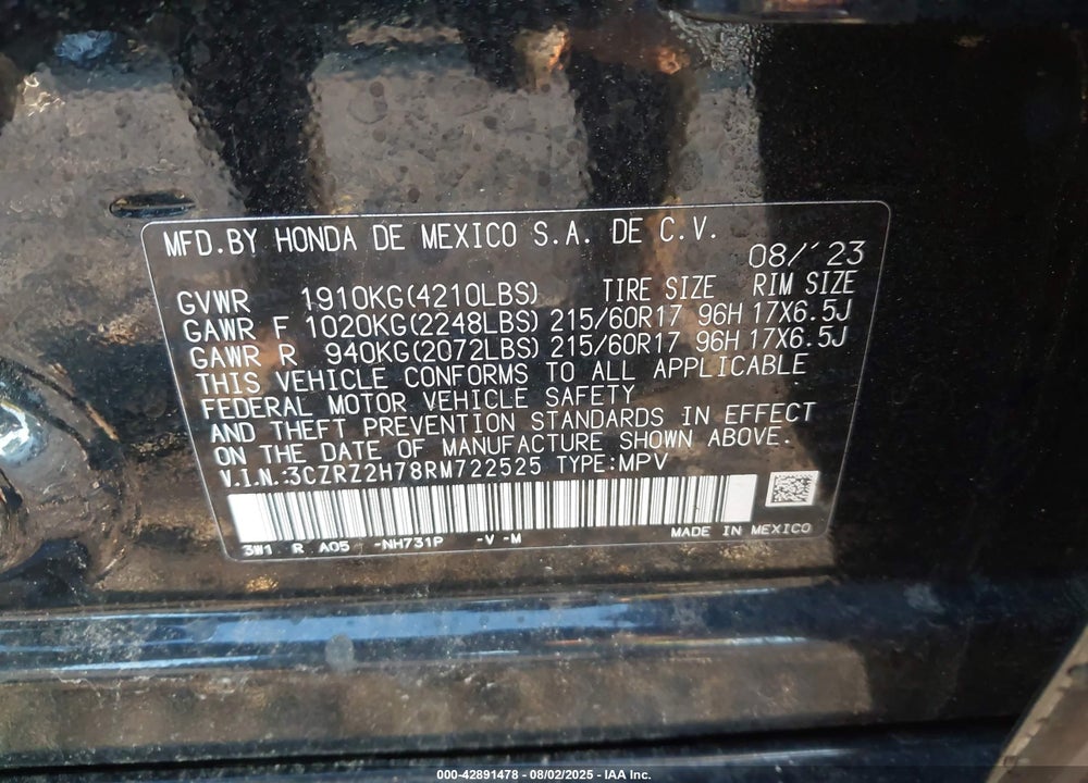 2024 HONDA HR-V AWD EX-L/AWD EX-L W/O BSI VIN: 3CZRZ2H78RM722525