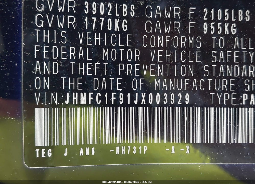 2018 HONDA CIVIC VIN: JHMFC1F91JX003929