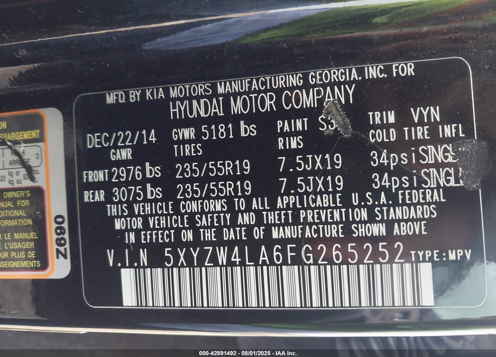 2015 HYUNDAI SANTA FE VIN: 5XYZW4LA6FG265252