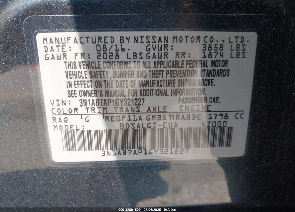 2016 NISSAN SENTRA VIN: 3N1AB7AP1GY321227