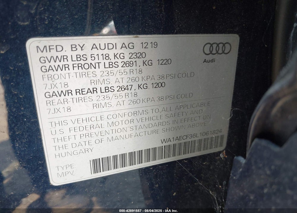 2020 AUDI Q3 PREMIUM 45 TFSI QUATTRO TIPTRONIC VIN: WA1AECF36L1061824