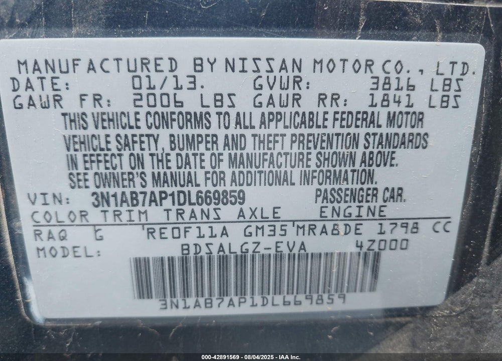 2013 NISSAN SENTRA SL VIN: 3N1AB7AP1DL669859