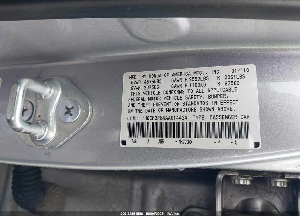 2010 HONDA ACCORD VIN: 1HGCP3F84AA014424
