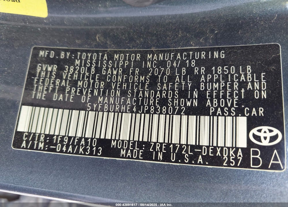 2018 TOYOTA COROLLA VIN: 5YFBURHE4JP838072