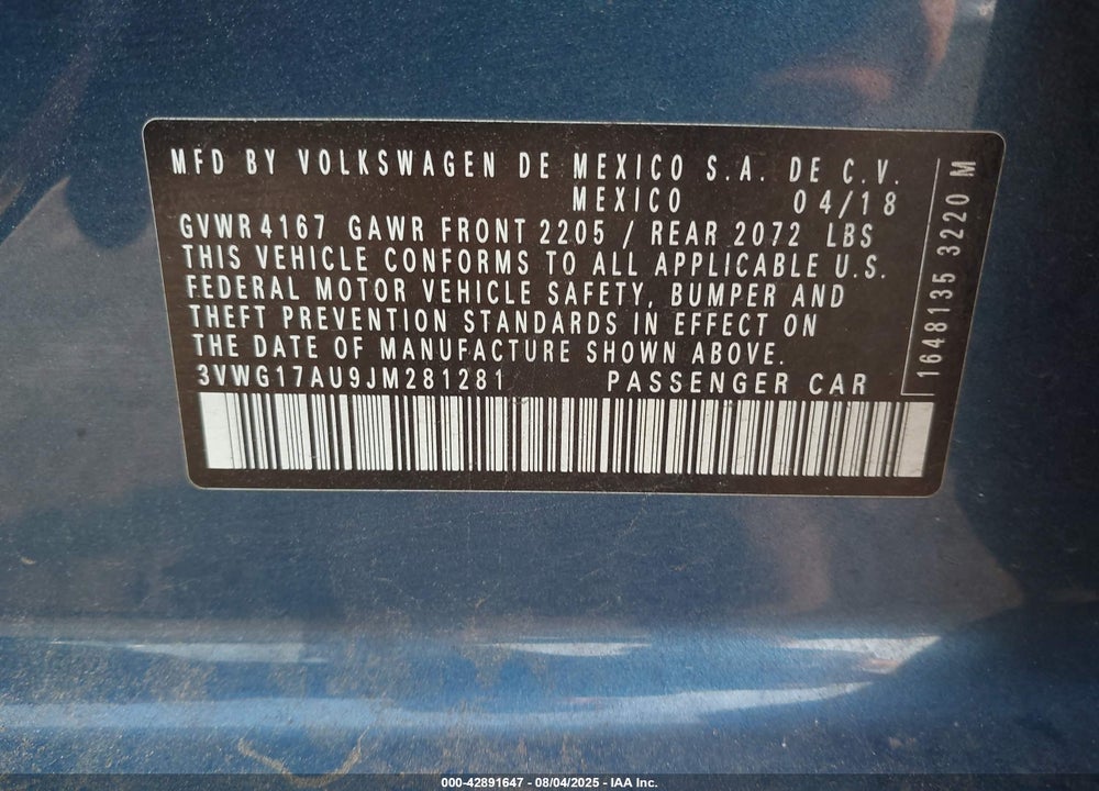2018 VOLKSWAGEN GOLF TSI S/TSI SE VIN: 3VWG17AU9JM281281