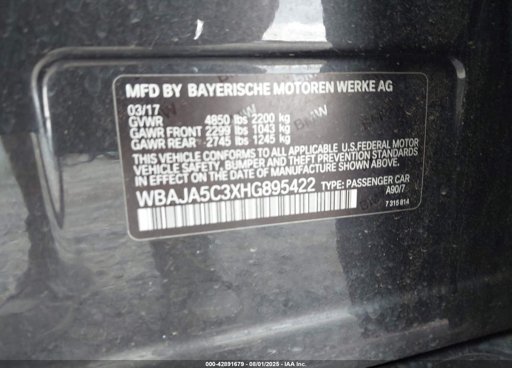 2017 BMW 5 SERIES VIN: WBAJA5C3XHG895422
