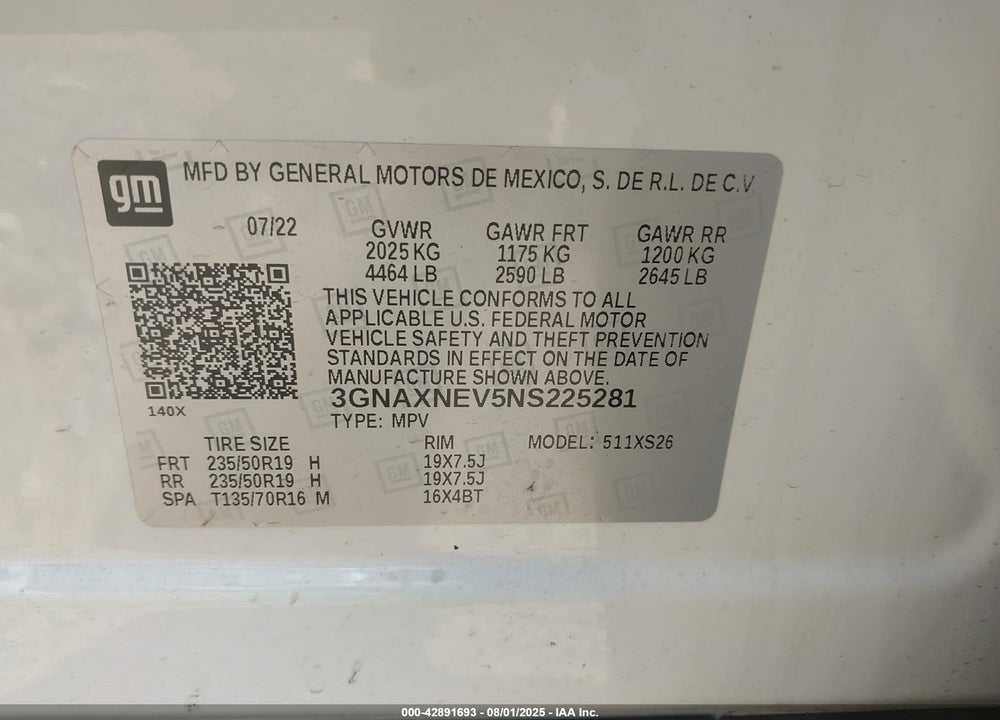 2022 CHEVROLET EQUINOX VIN: 3GNAXNEV5NS225281