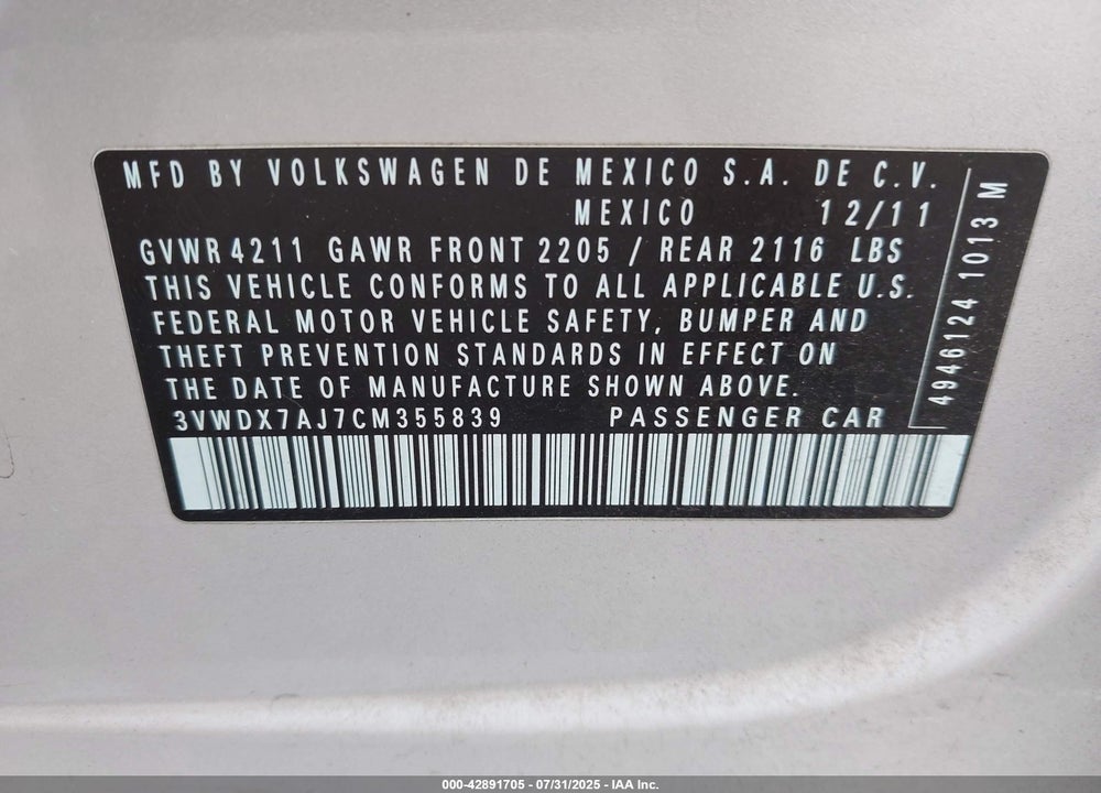 2012 VOLKSWAGEN JETTA VIN: 3VWDX7AJ7CM355839