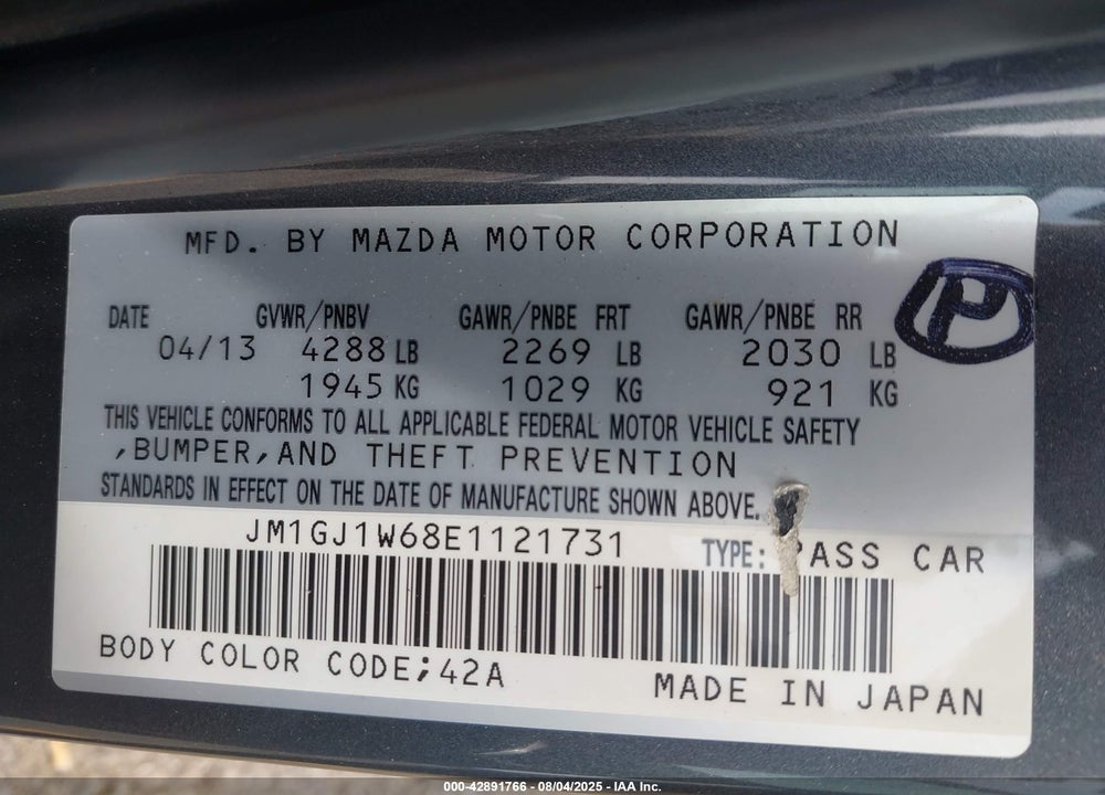 2014 MAZDA 6 I GRAND TOURING VIN: JM1GJ1W68E1121731