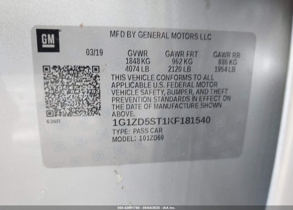 2019 CHEVROLET MALIBU VIN: 1G1ZD5ST1KF181540