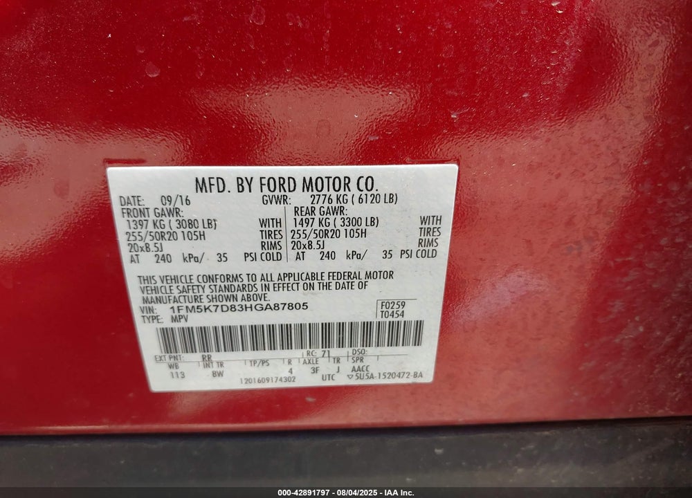 2017 FORD EXPLORER VIN: 1FM5K7D83HGA87805