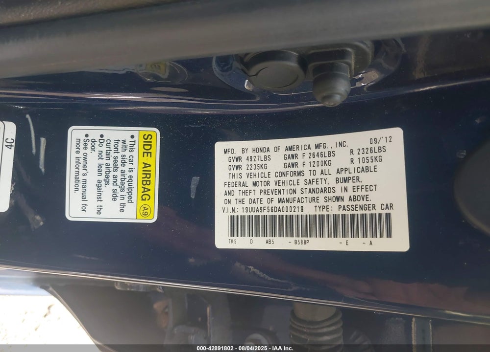 2013 ACURA TL VIN: 19UUA9F56DA000219