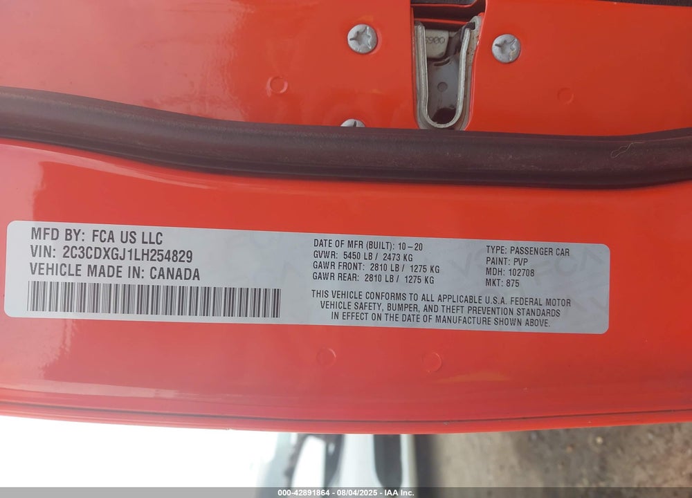 2020 DODGE CHARGER VIN: 2C3CDXGJ1LH254829