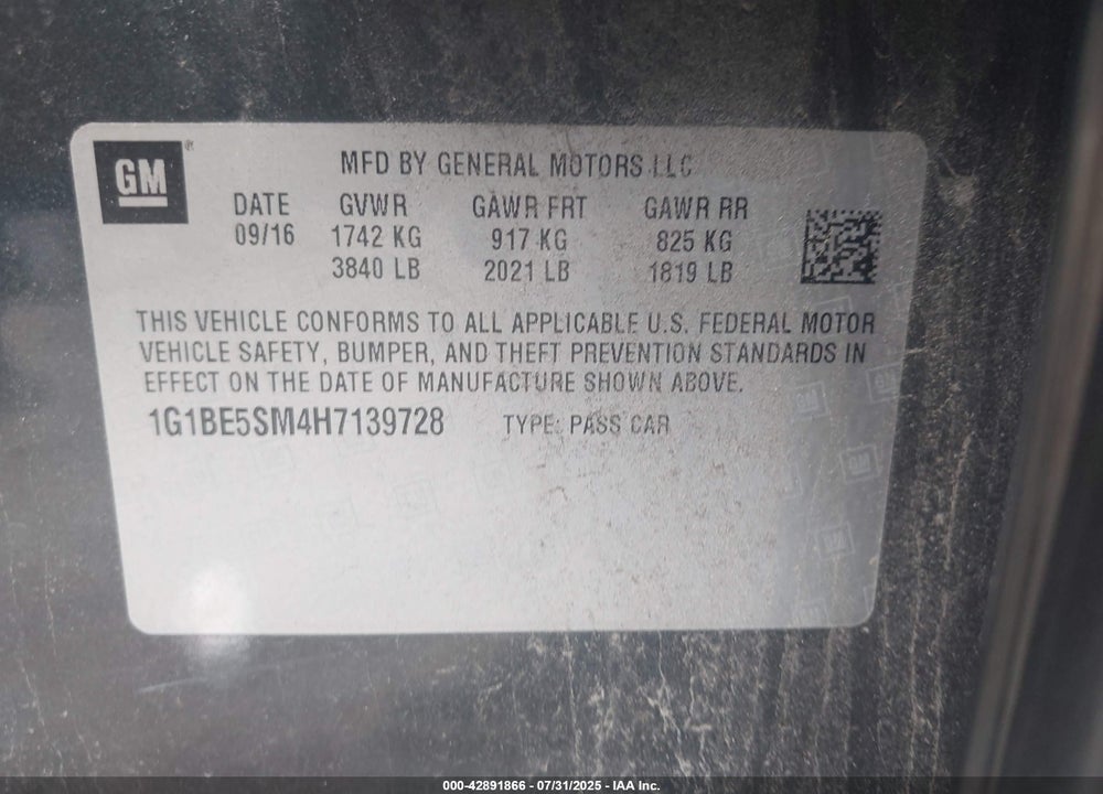 2017 CHEVROLET CRUZE VIN: 1G1BE5SM4H7139728