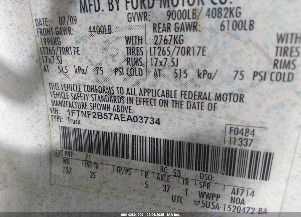 2010 FORD F-250 XL/XLT VIN: 1FTNF2B57AEA03734