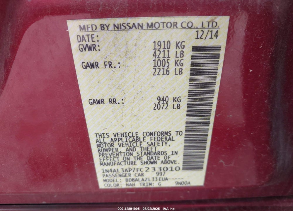 2015 NISSAN ALTIMA VIN: 1N4AL3AP7FC233010