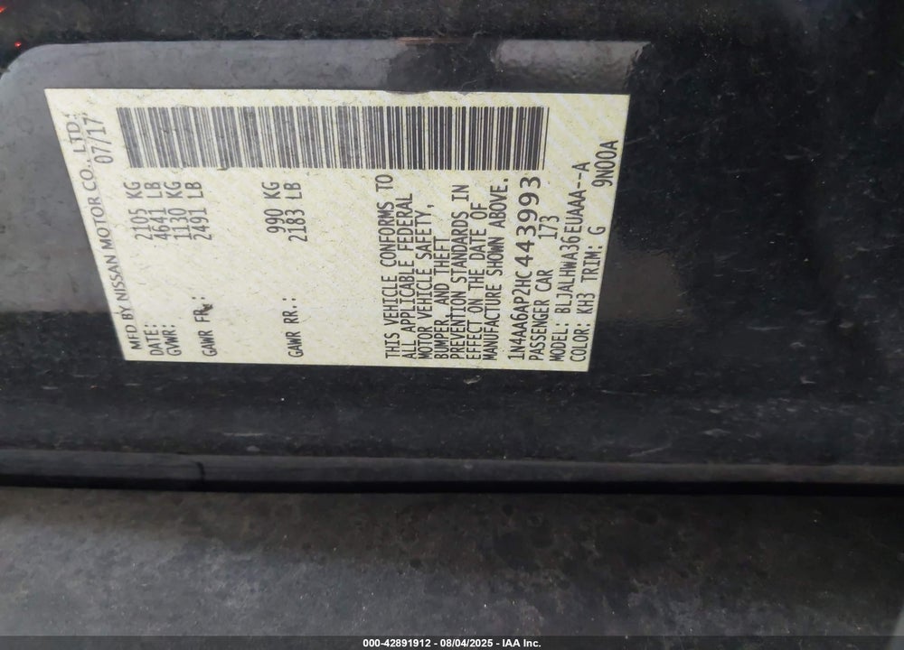 2017 NISSAN MAXIMA VIN: 1N4AA6AP2HC443993