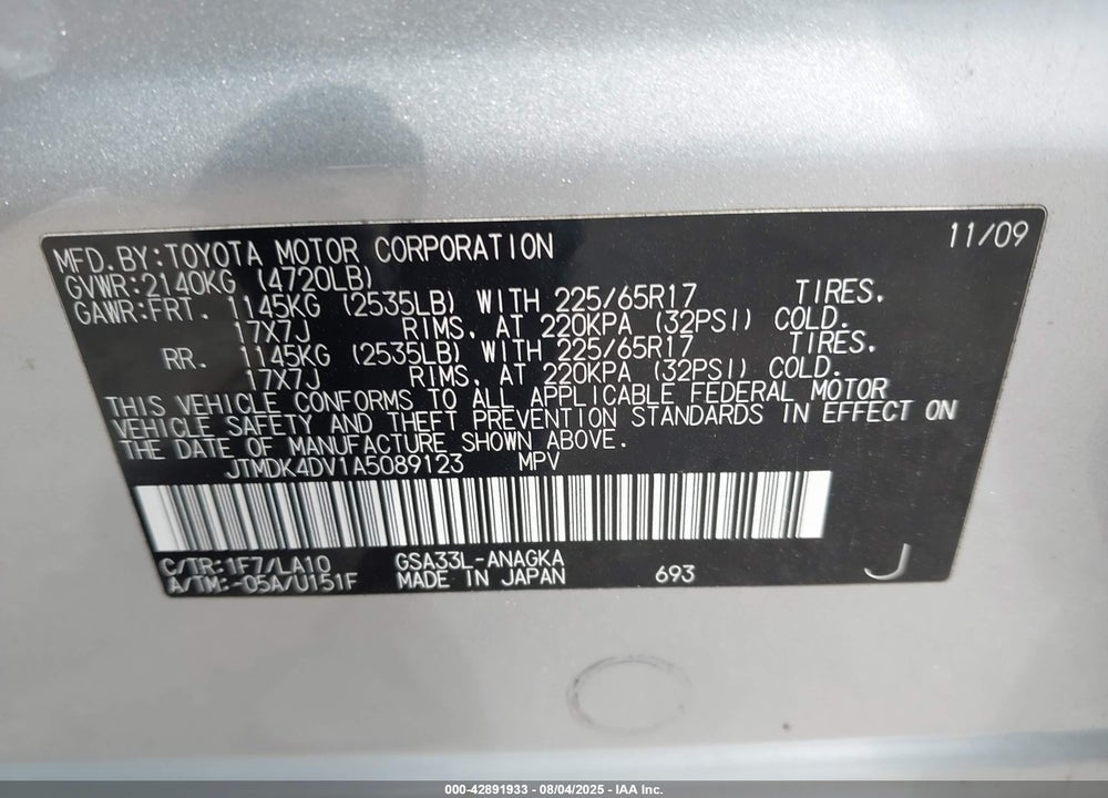 2010 TOYOTA RAV4 VIN: JTMDK4DV1A5089123