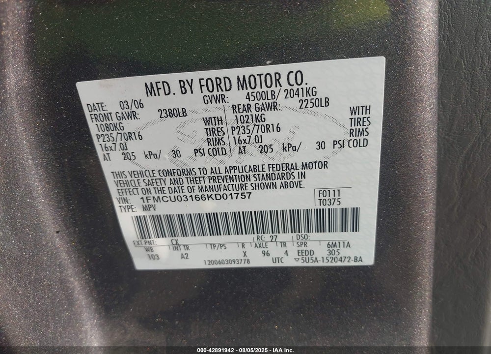 2006 FORD ESCAPE VIN: 1FMCU03166KD01757