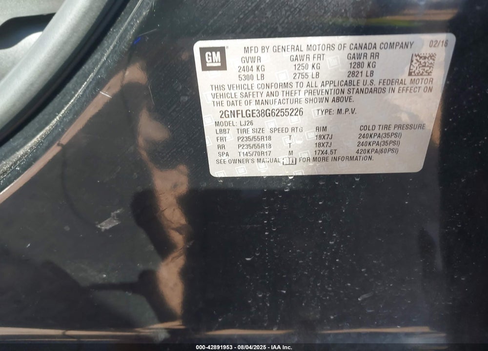 2016 CHEVROLET EQUINOX VIN: 2GNFLGE38G6255226