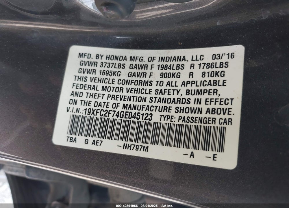 2016 HONDA CIVIC VIN: 19XFC2F74GE045123