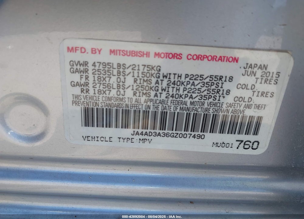 2016 MITSUBISHI OUTLANDER VIN: JA4AD3A36GZ007490