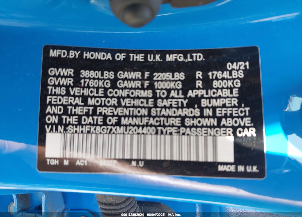 2021 HONDA CIVIC VIN: SHHFK8G7XMU204400