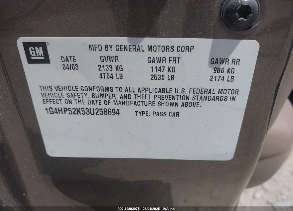2003 BUICK LESABRE CUSTOM VIN: 1G4HP52K53U258694