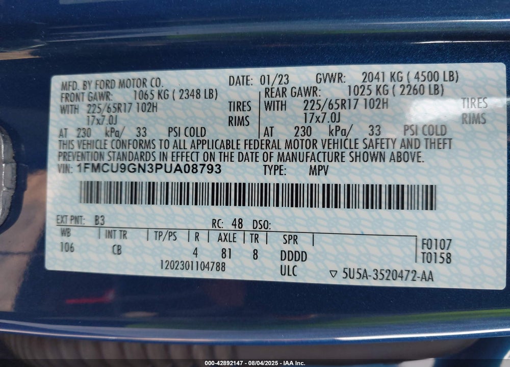 2023 FORD ESCAPE VIN: 1FMCU9GN3PUA08793