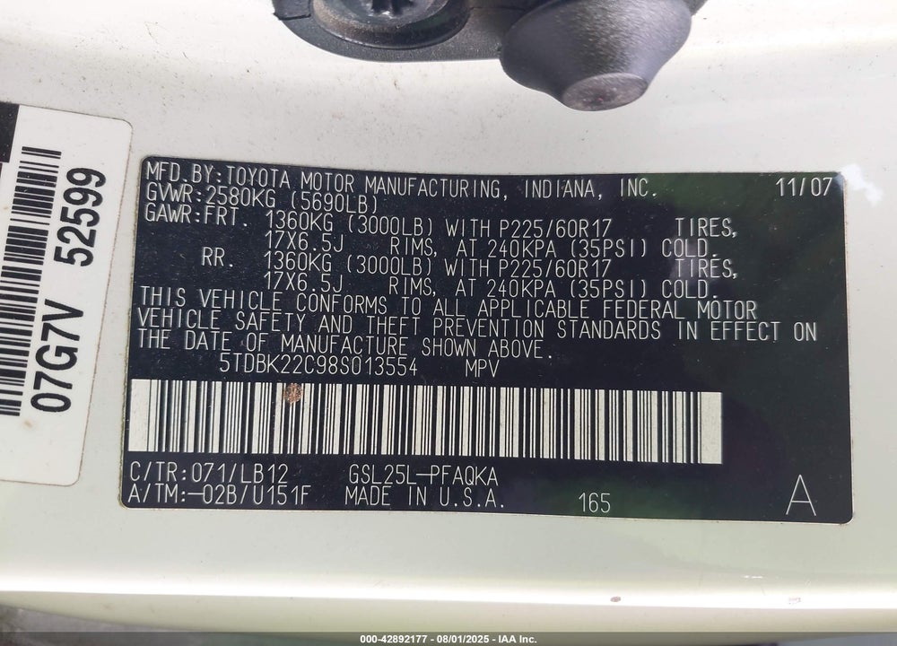 2008 TOYOTA SIENNA LIMITED VIN: 5TDBK22C98S013554