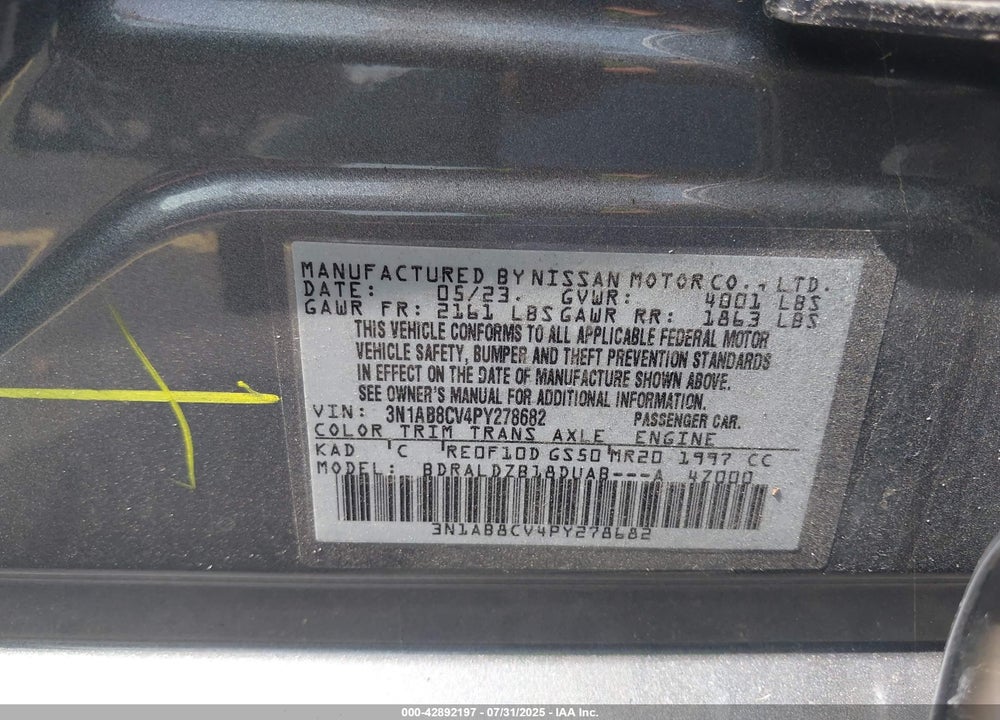 2023 NISSAN SENTRA SV XTRONIC CVT VIN: 3N1AB8CV4PY278682