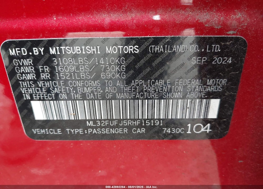 2024 MITSUBISHI MIRAGE VIN: ML32FUFJ5RHF15191