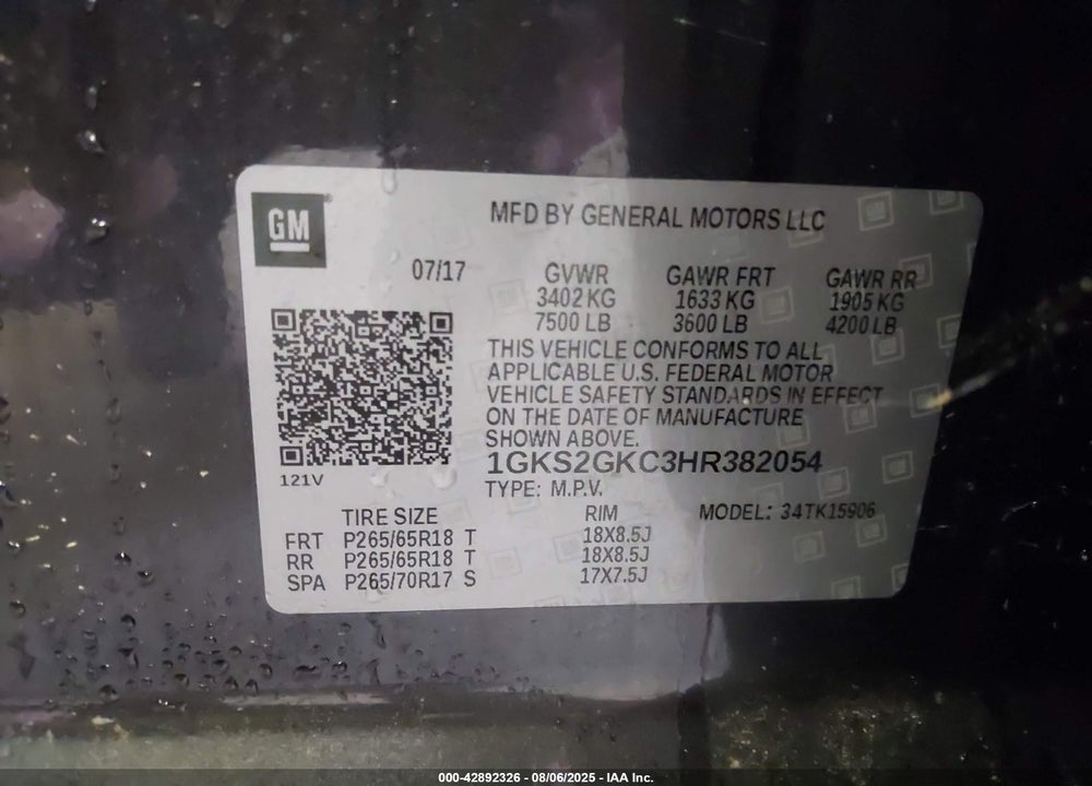 2017 GMC YUKON XL VIN: 1GKS2GKC3HR382054