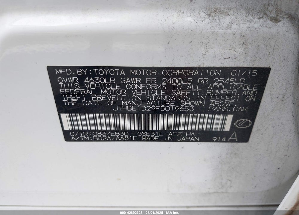 2015 LEXUS IS 350 VIN: JTHBE1D29F5019653