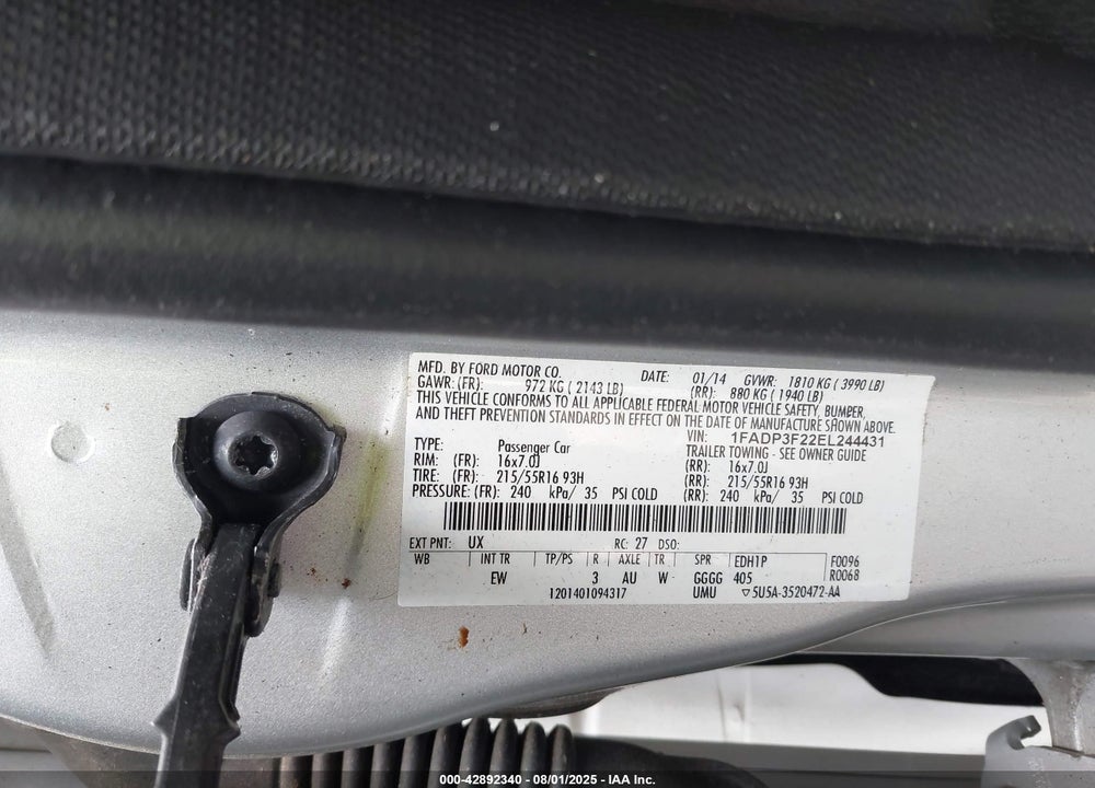 2014 FORD FOCUS VIN: 1FADP3F22EL244431