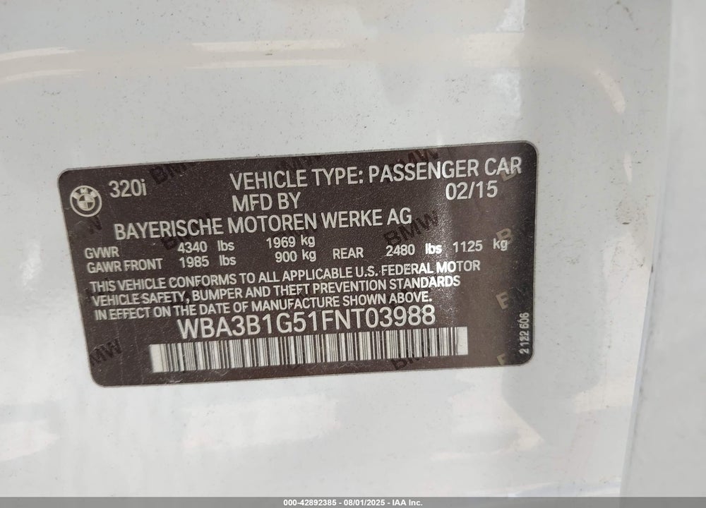 2015 BMW 3 SERIES VIN: WBA3B1G51FNT03988