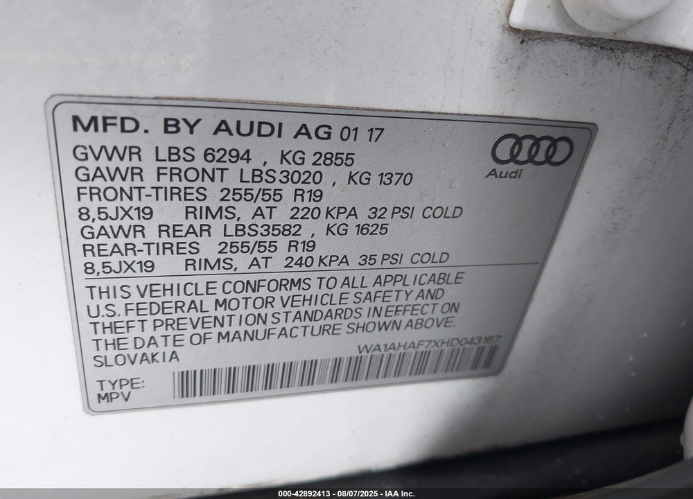 2017 AUDI Q7 VIN: WA1AHAF7XHD043167