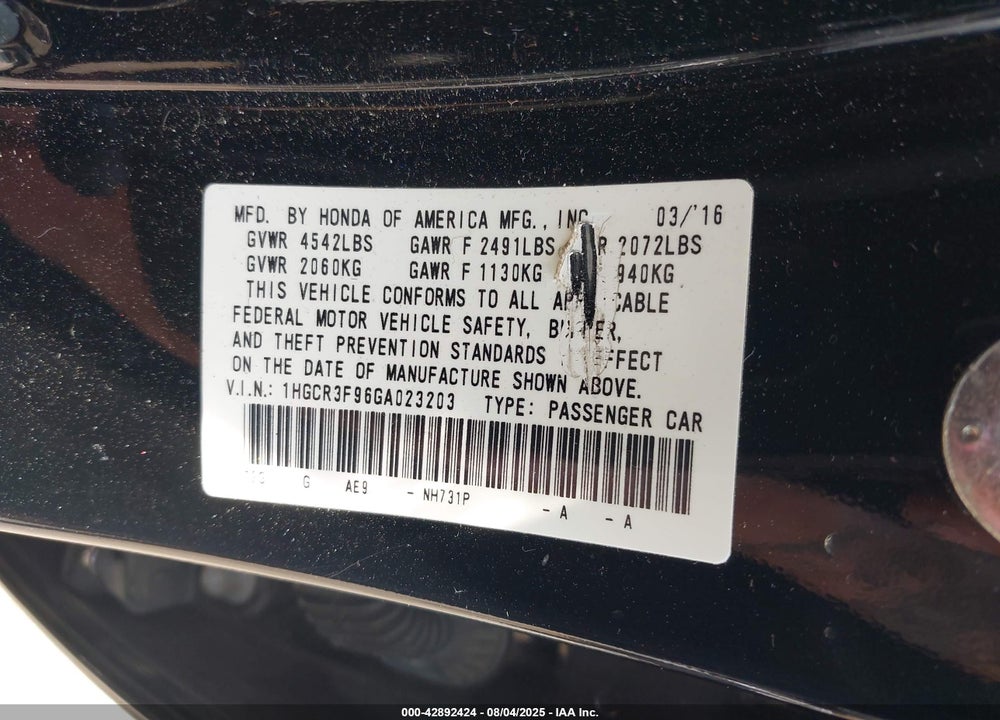 2016 HONDA ACCORD TOURING VIN: 1HGCR3F96GA023203