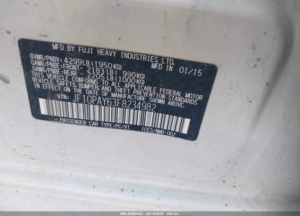 2015 SUBARU IMPREZA VIN: JF1GPAY63F8234982