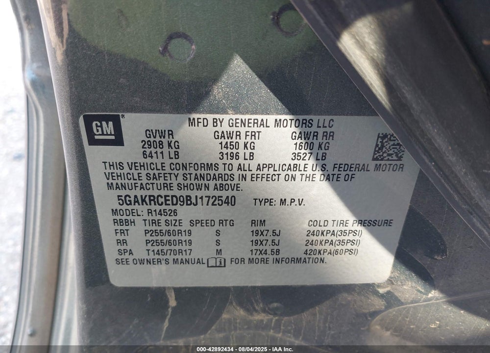 2011 BUICK ENCLAVE 2XL VIN: 5GAKRCED9BJ172540