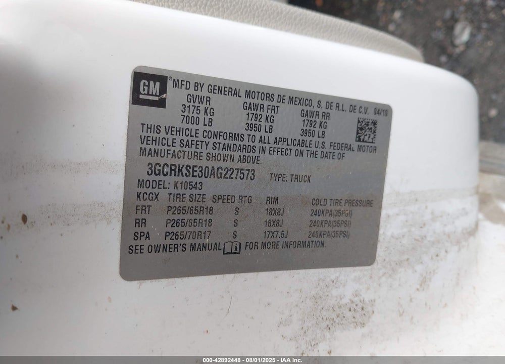 2010 CHEVROLET SILVERADO 1500 VIN: 3GCRKSE30AG227573
