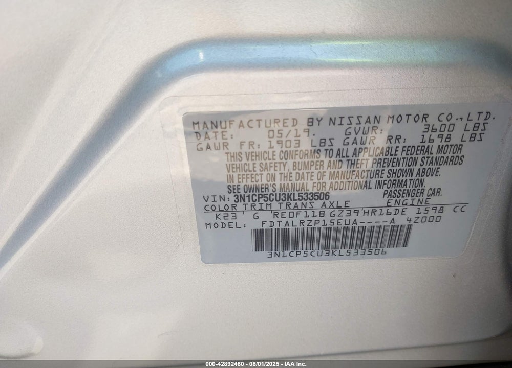 2019 NISSAN KICKS VIN: 3N1CP5CU3KL533506