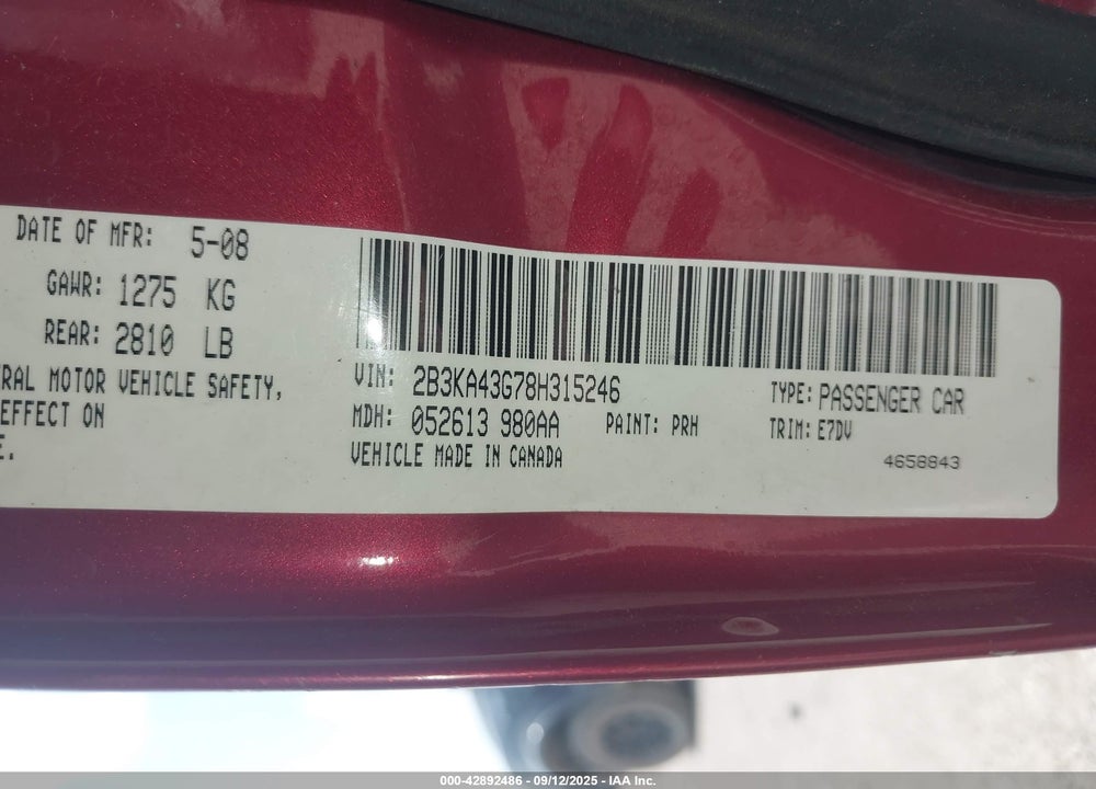 2008 DODGE CHARGER VIN: 2B3KA43G78H315246